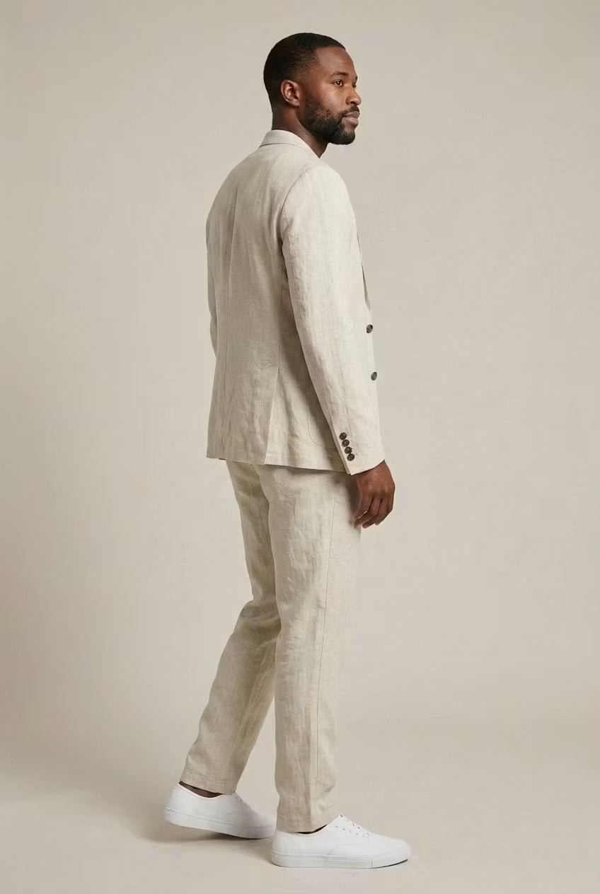 Conjunto de linho masculino elegante, com jaqueta e calças, ajuste relaxado, para ocasiões especiais.