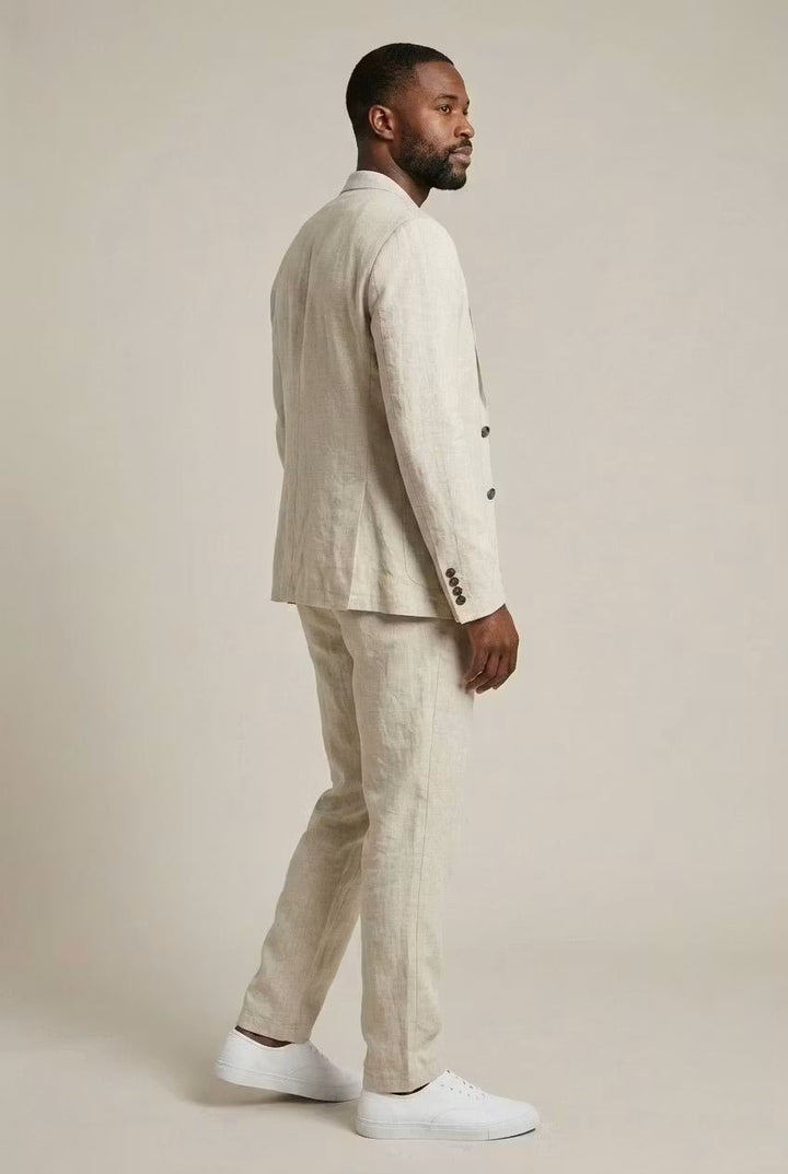 Conjunto de linho masculino elegante, com jaqueta e calças, ajuste relaxado, para ocasiões especiais.
