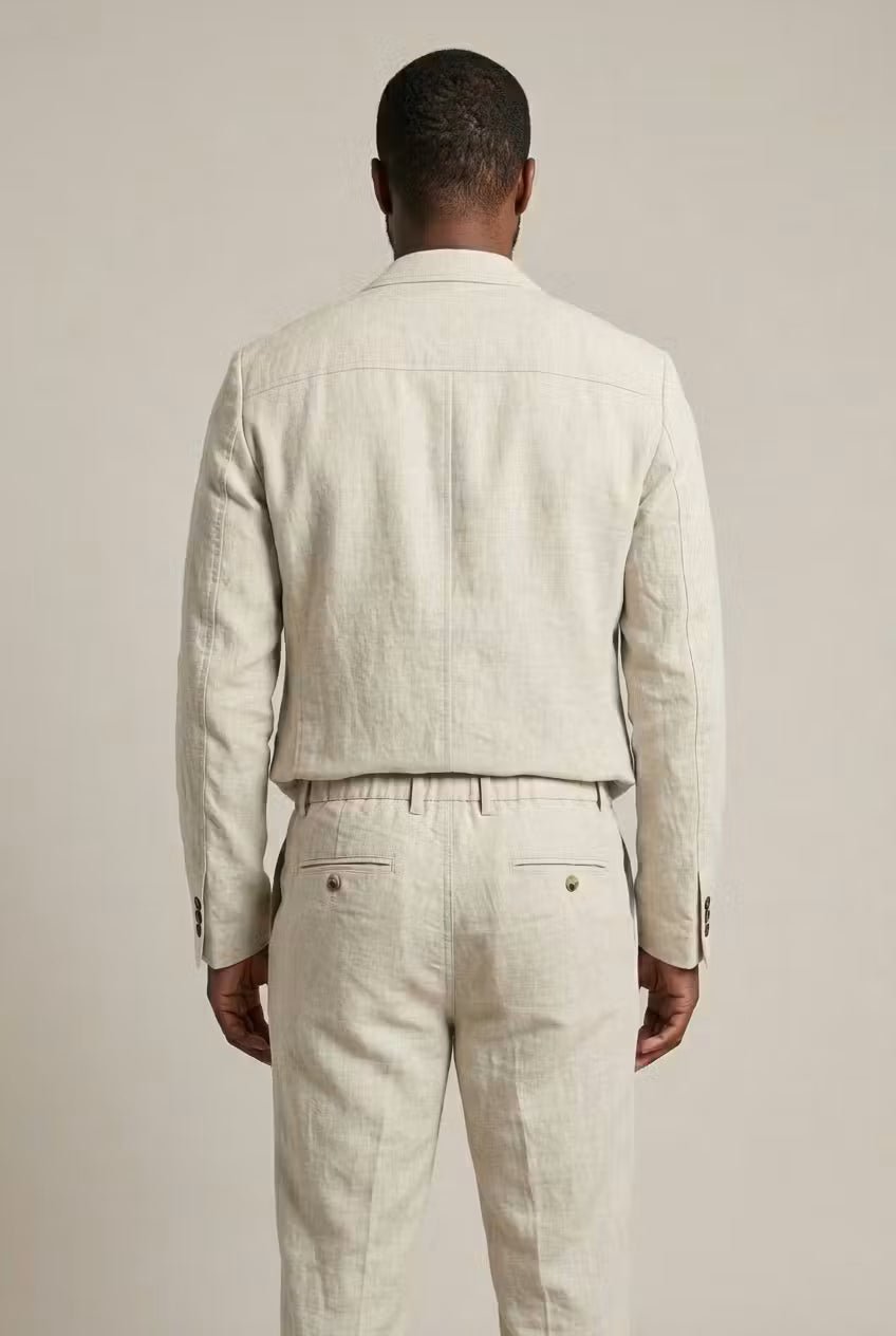 Conjunto de linho para homem: jaqueta e calças de ajuste relaxado, oferecendo máximo conforto e frescor.
