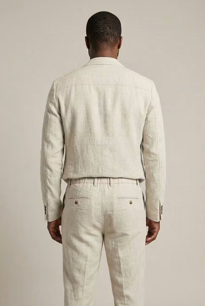 Conjunto de linho para homem: jaqueta e calças de ajuste relaxado, oferecendo máximo conforto e frescor.