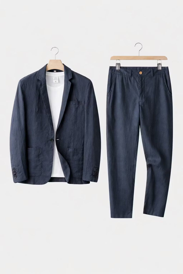 Jaqueta de linho masculina de ajuste relaxado, parte do conjunto de duas peças, perfeita para estilo atemporal.
