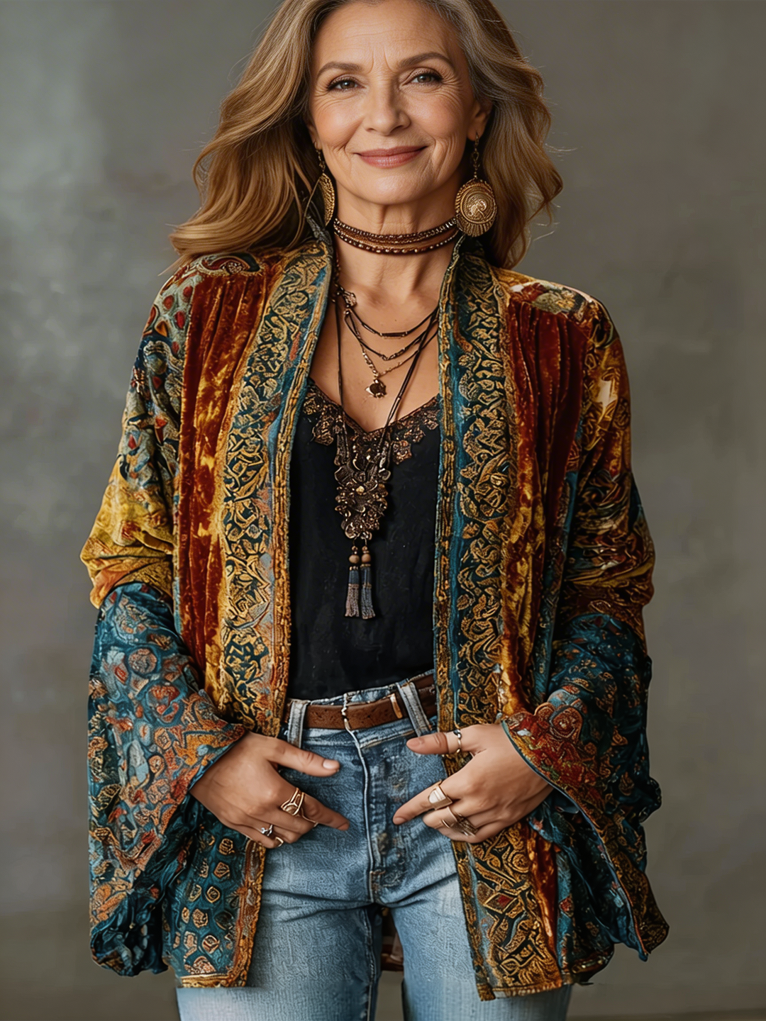 Kimono Aria feminino boho borgonha com manga longa vintage. Ideal para sobreposição elegante e estilo boémio confortável.