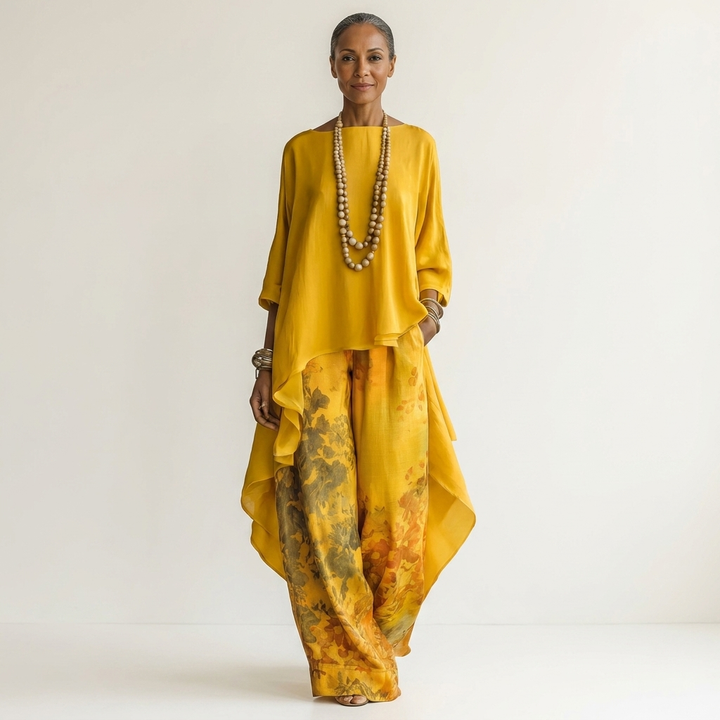 Roupa feminina casual chic: conjunto confortável de túnica assimétrica e calças florais. Look elegante verão.
