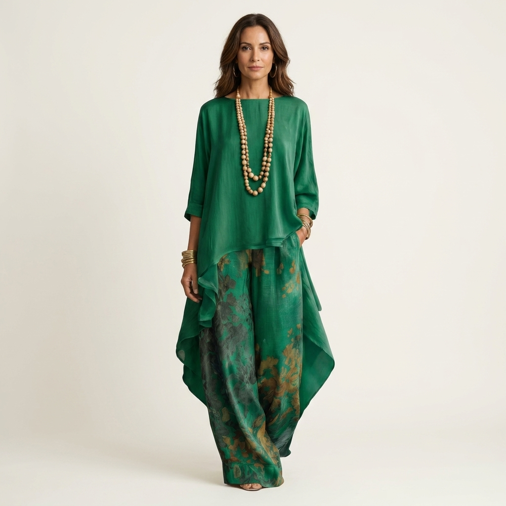 Conjunto feminino de túnica assimétrica e calças florais em algodão-seda, ideal para verão.