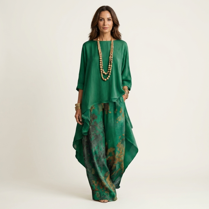 Conjunto feminino de túnica assimétrica e calças florais em algodão-seda, ideal para verão.