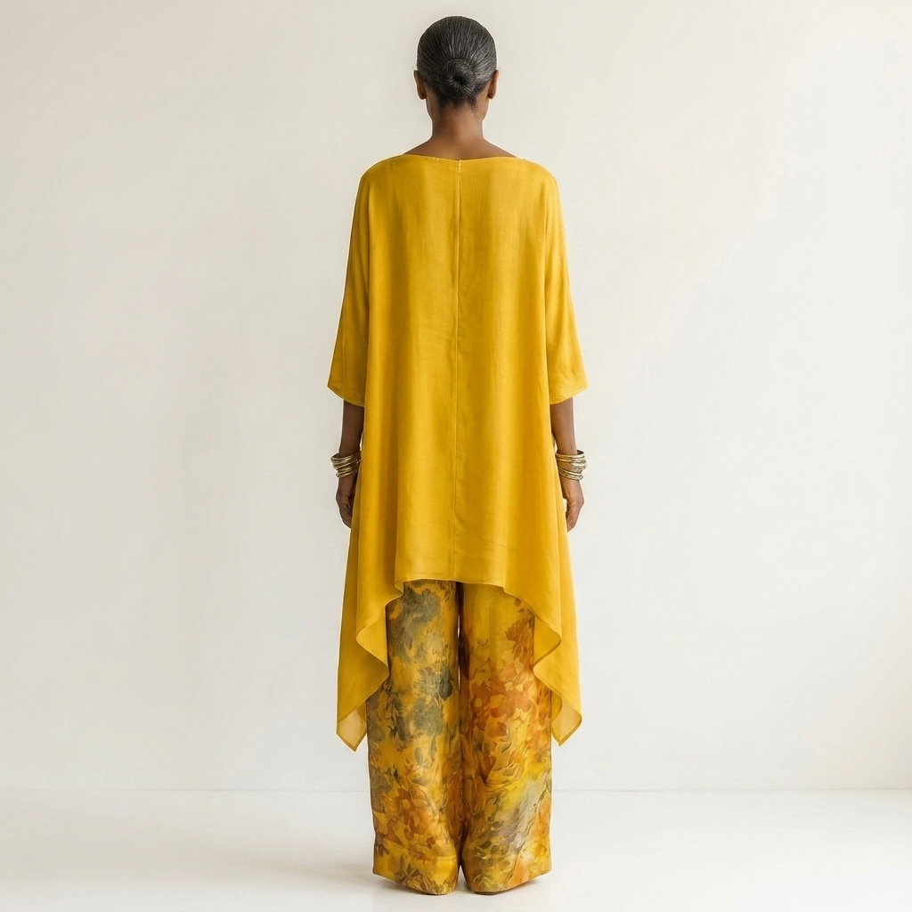 Conjunto feminino de primavera/verão com túnica assimétrica e calças florais em algodão-seda estampado.