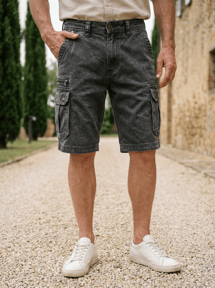 Roupa masculina: Calções cargo funcionais e versáteis. Conforto e estilo casual para o verão.