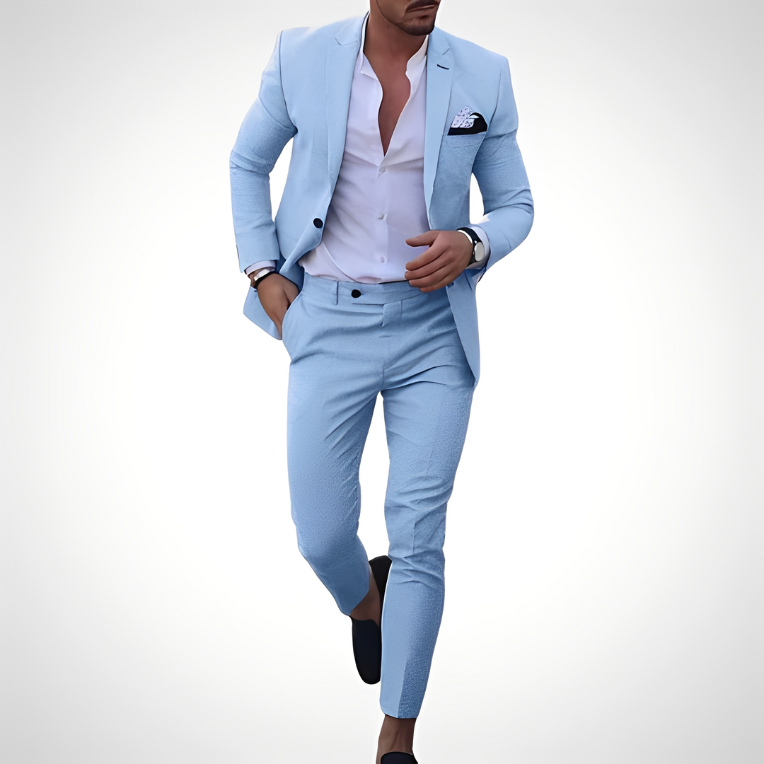 Conjunto masculino elegante de duas peças com blazer e calça slim, ideal para casamentos e eventos de negócios.
