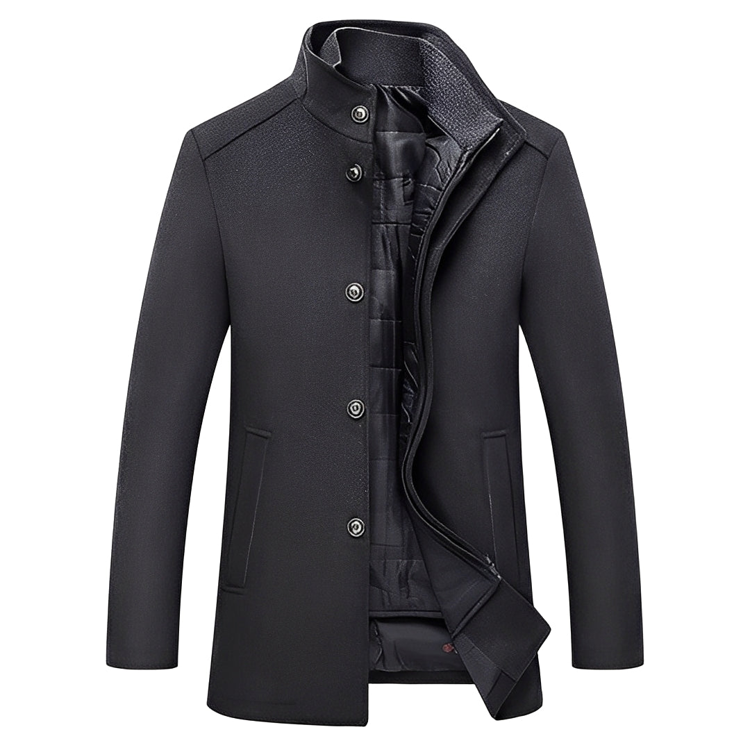 Agasalho masculino de inverno com gola alta, botões e design elegante. Roupa de homem para conforto e estilo no frio.