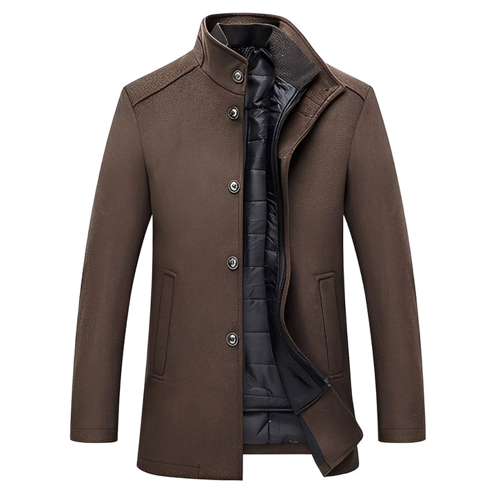 Outwear masculino, casaco de inverno com gola alta e botões, perfeito para um look casual ou elegante e agasalho.