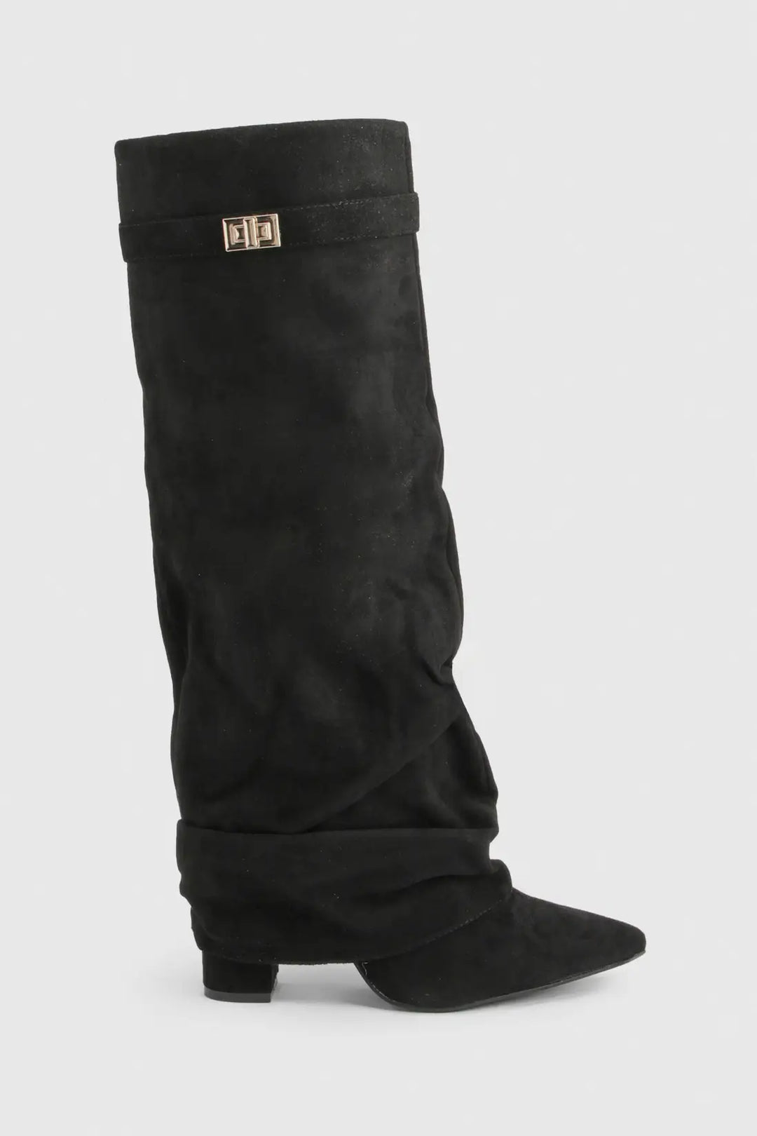 Bota slouch feminina bico pontiagudo e salto baixo, couro vegano, elegante.