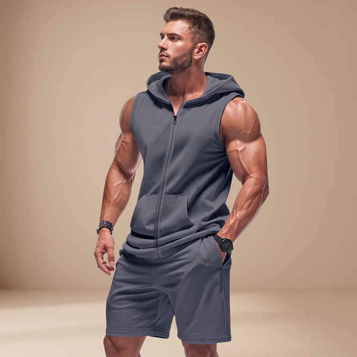 Conjunto masculino de verão, sem mangas e com capuz, para um look casual e moderno. Ótima roupa descontraída.