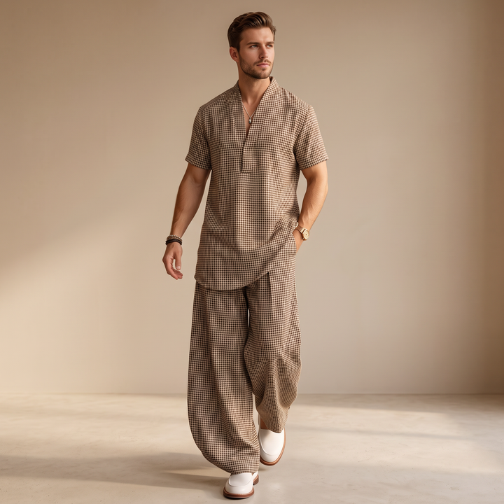 Outfit de verão masculino. Conjunto relaxado e confortável ideal para dias quentes e uso casual diário.