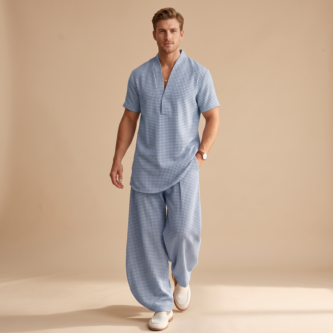 Conjunto masculino casual relaxado de verão. Roupa confortável para o dia a dia. Perfeito para o estilo de verão.