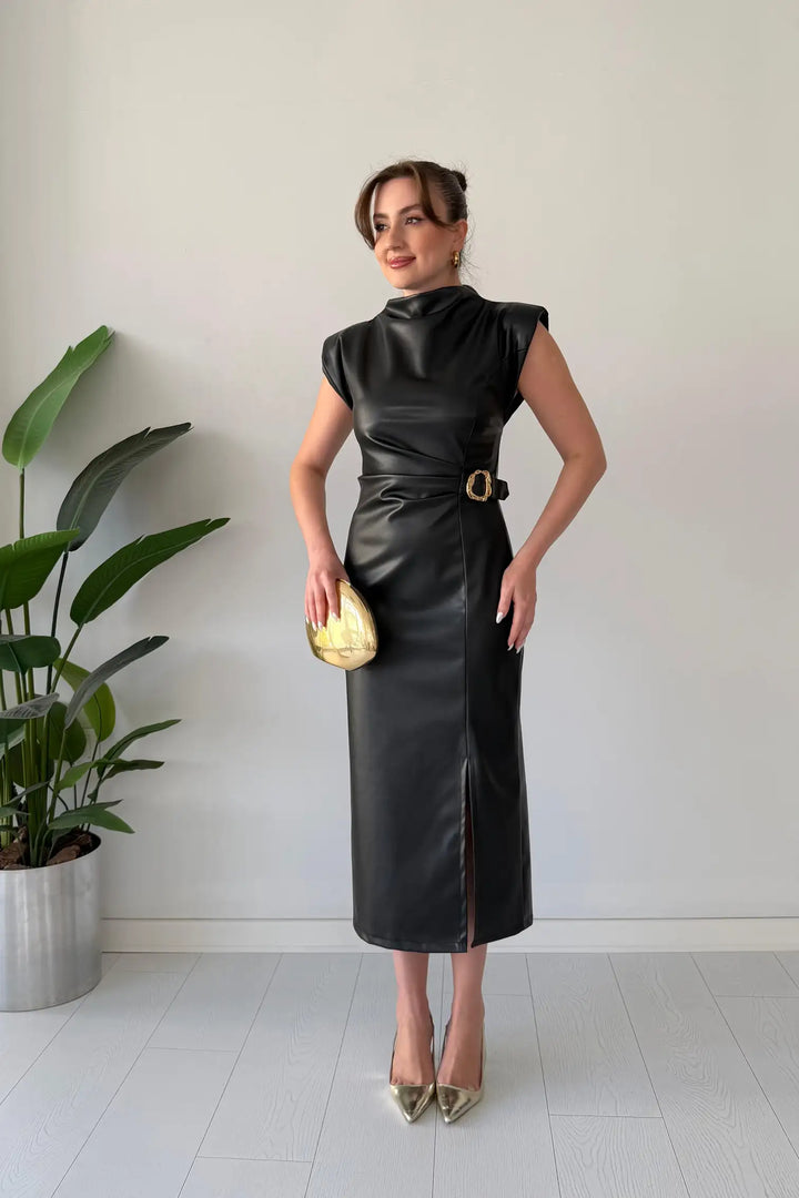 Vestido feminino midi elegante com fenda, estilo casual chic para eventos diurnos ou noturnos, moda e conforto.