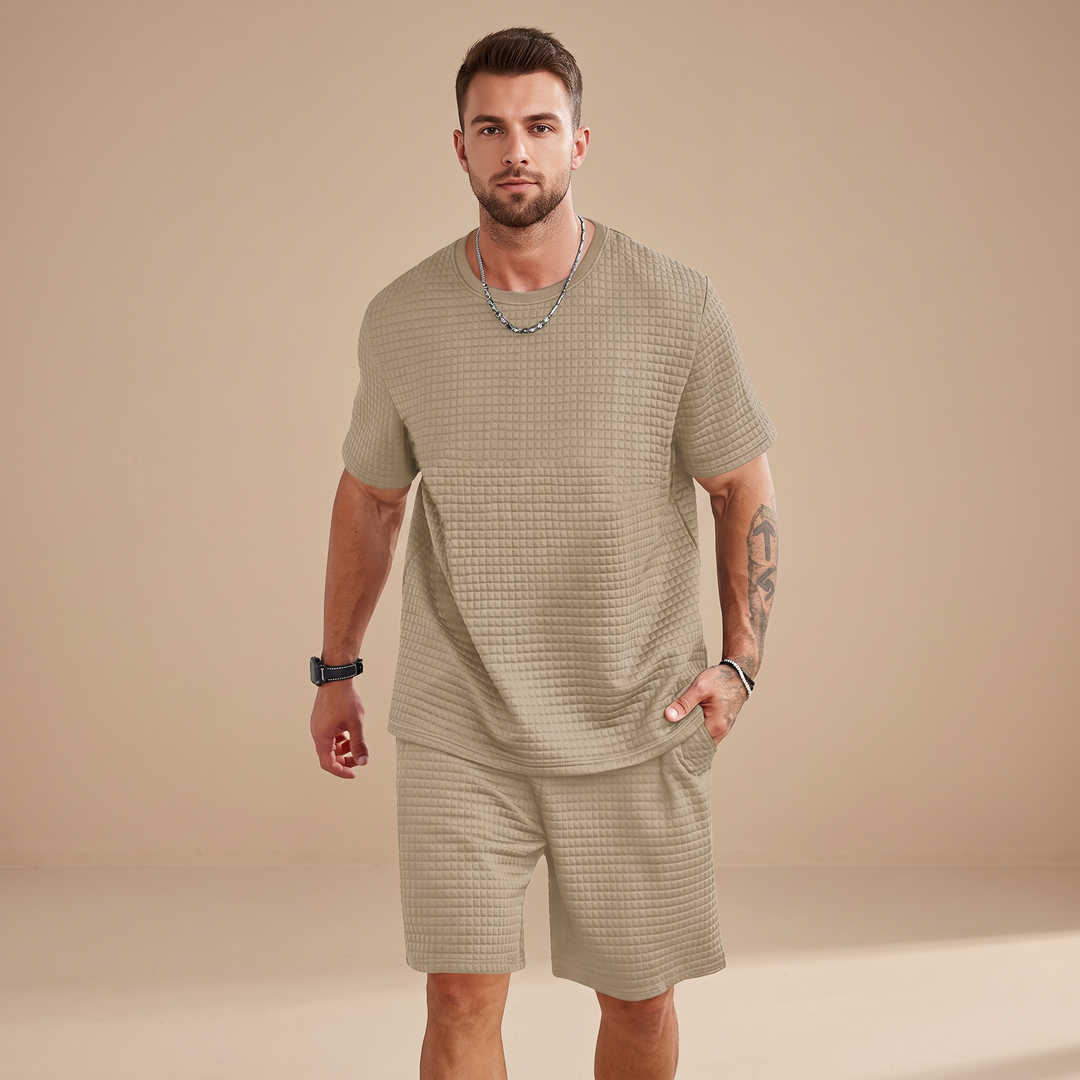 Conjunto masculino shorts e camiseta de waffle, roupa casual confortável e estilosa para o verão e lazer.