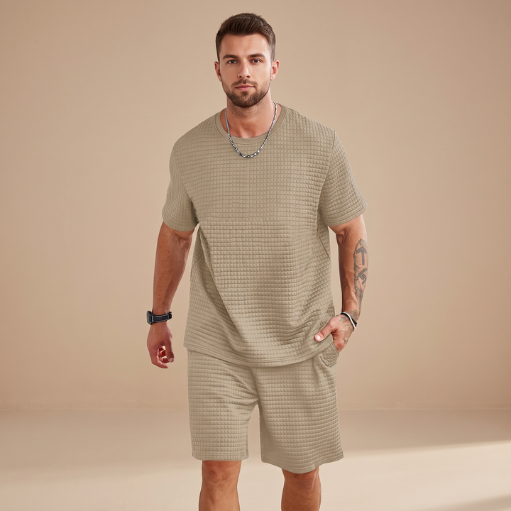 Conjunto masculino shorts e camiseta de waffle, roupa casual confortável e estilosa para o verão e lazer.