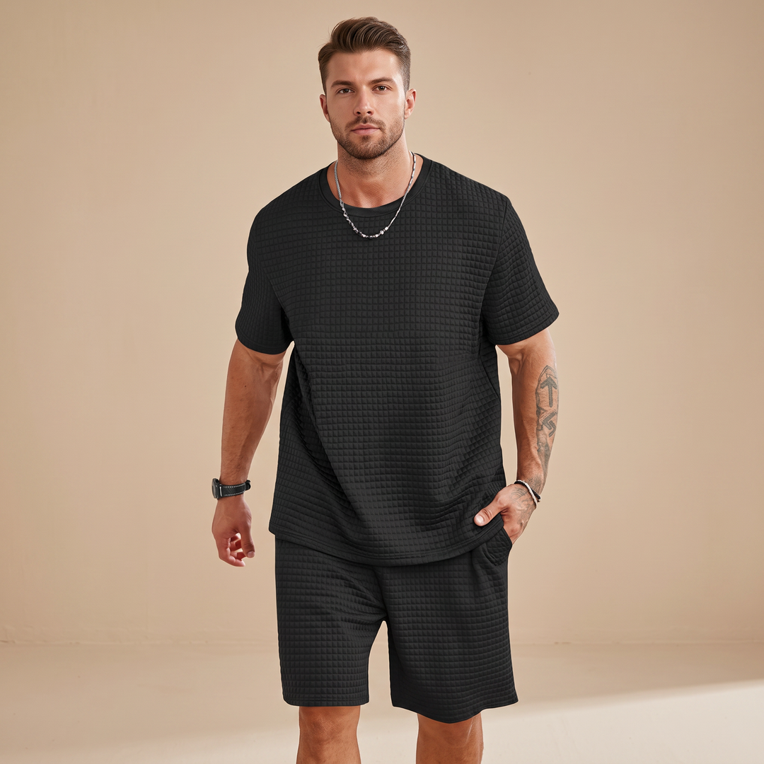 Roupa masculina casual de waffle, conjunto de shorts para o verão. Estilo sem esforço e conforto para o dia a dia.