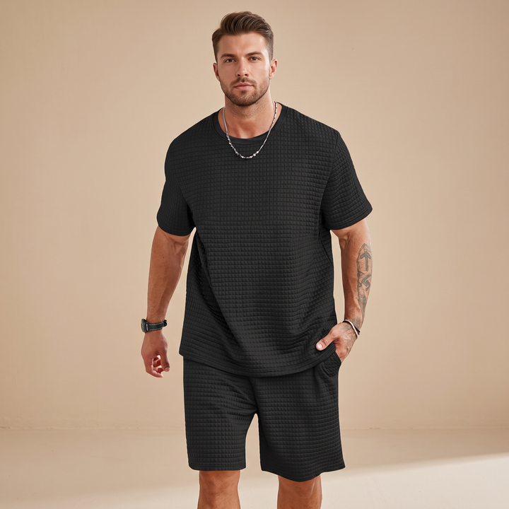 Roupa masculina casual de waffle, conjunto de shorts para o verão. Estilo sem esforço e conforto para o dia a dia.