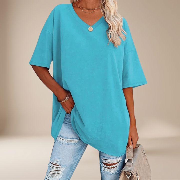 Confortável camiseta feminina oversized casual para o verão, estilo descontraído para o dia a dia.