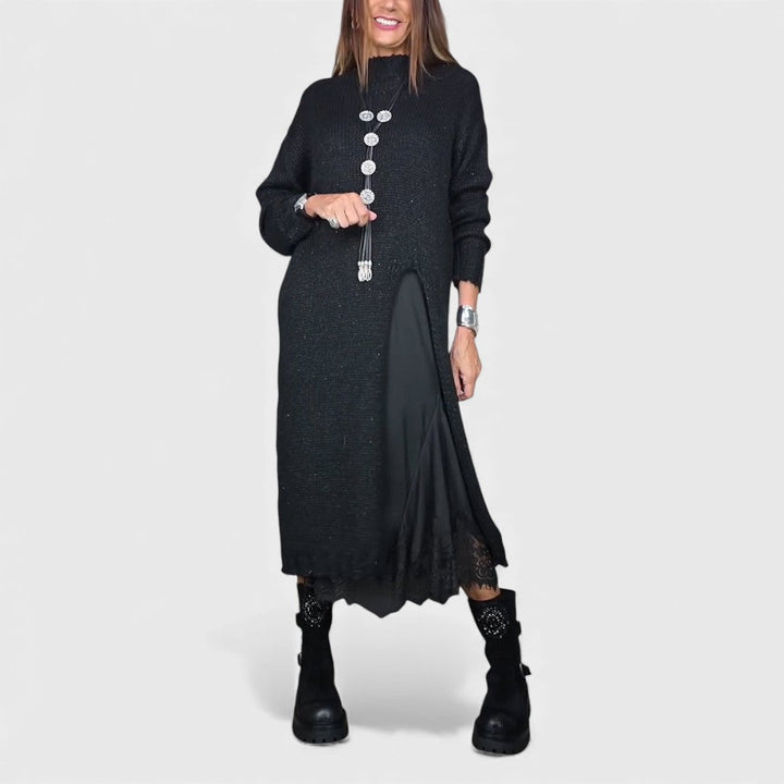 Vestido feminino elegante do conjunto duas peças, comprimento midi, tecido confortável, moda feminina versátil.