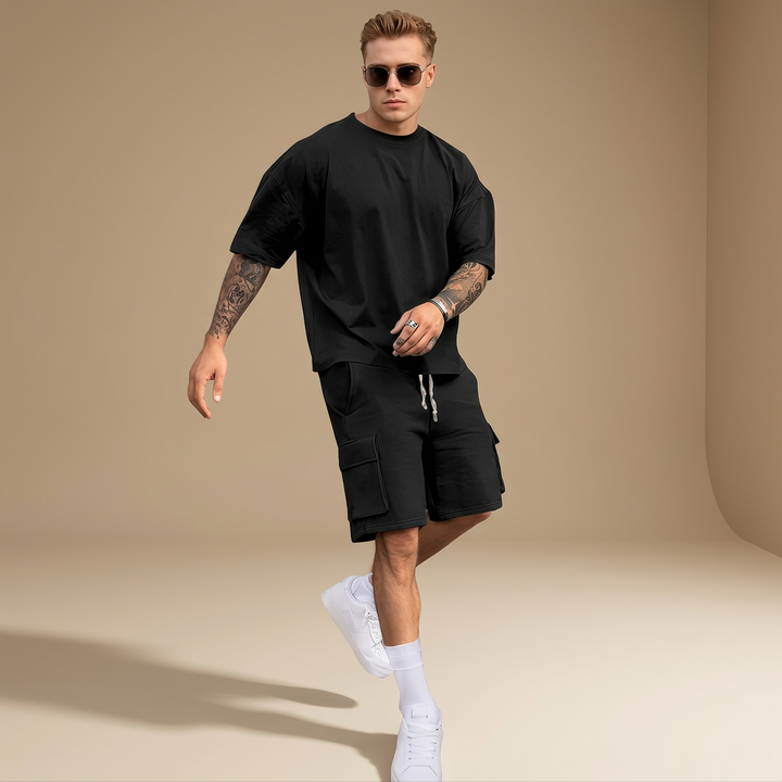 Conjunto masculino de moda casual para o dia a dia, com shorts e camisa, oferecendo conforto e estilo de verão.