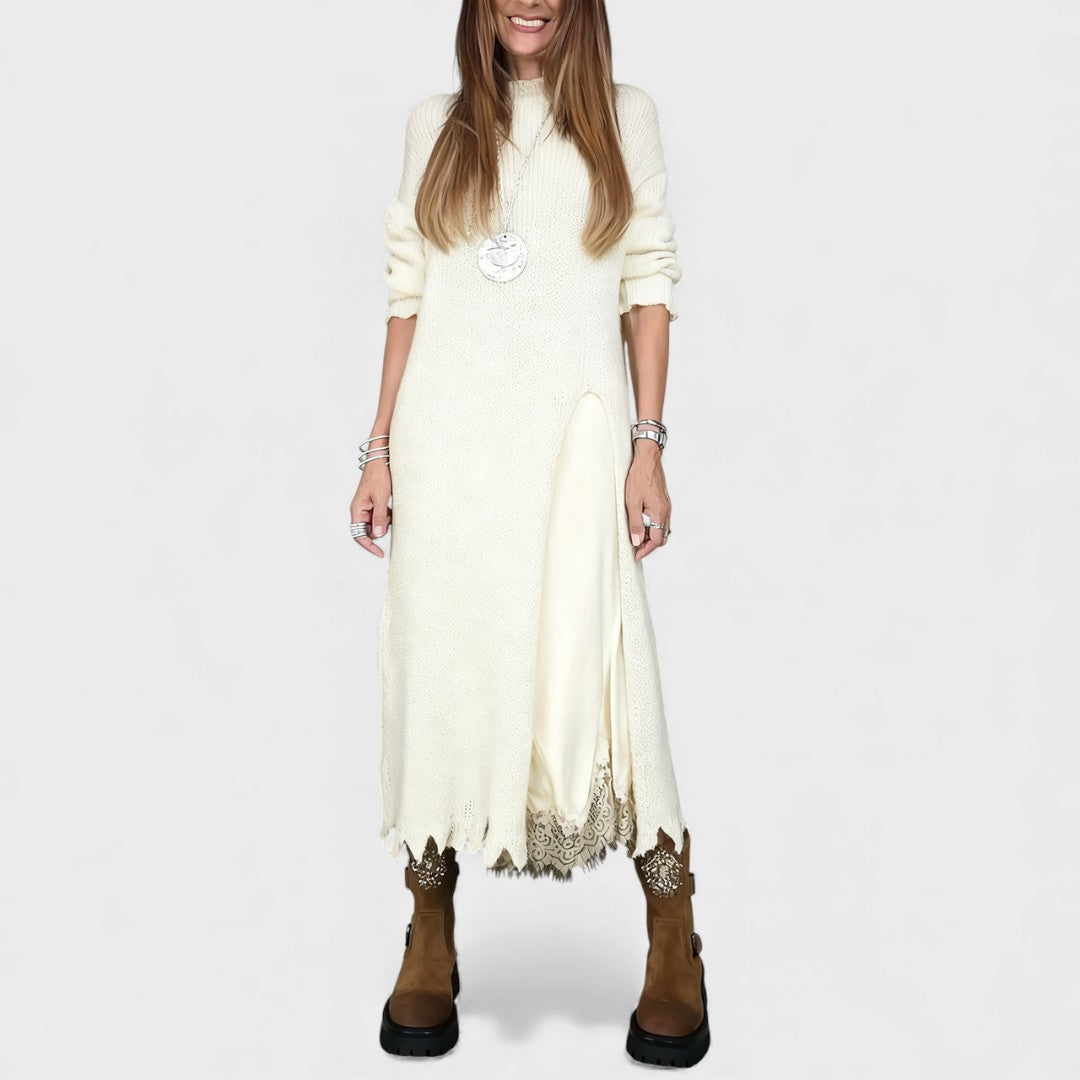 Vestido e pulôver feminino duas peças. Este conjunto estiloso oferece elegância e conforto para qualquer ocasião.