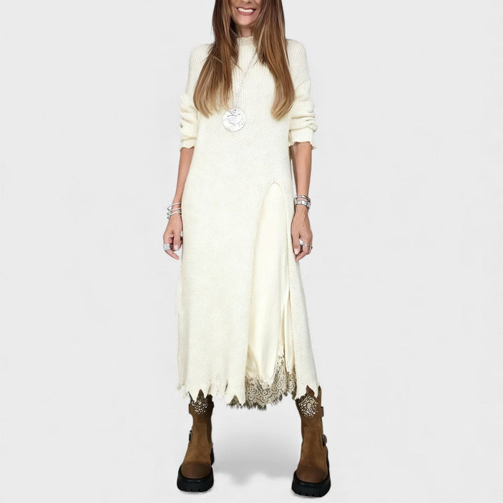 Vestido e pulôver feminino duas peças. Este conjunto estiloso oferece elegância e conforto para qualquer ocasião.