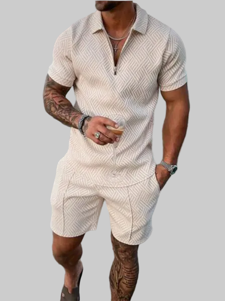Conjunto de shorts e camiseta manga curta masculino slim fit, ideal para moda praia e casual de verão.