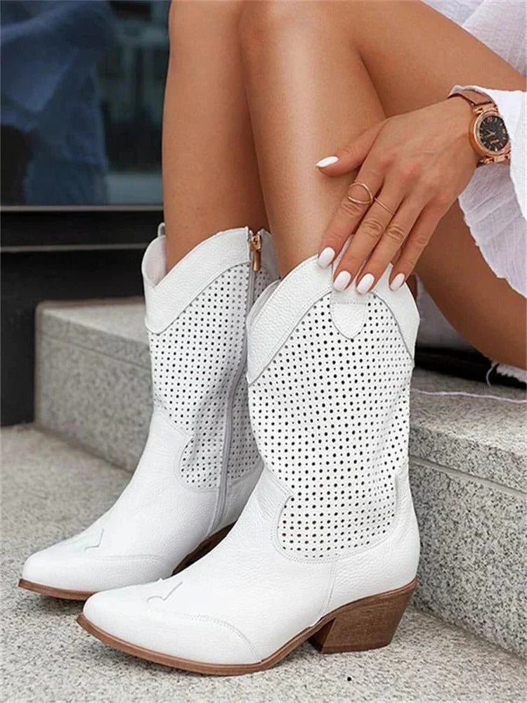 Botas femininas de cano médio com zíper lateral, ideais para outono/inverno, combinam estilo casual e conforto.