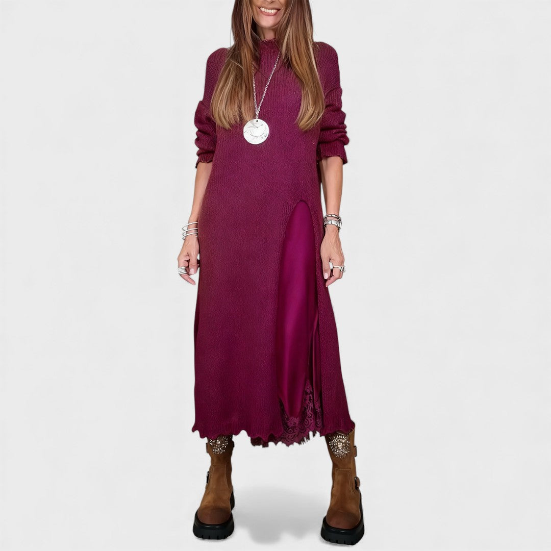Conjunto feminino casual chic: pulôver de manga longa e vestido midi. Peças versáteis para moda com conforto.