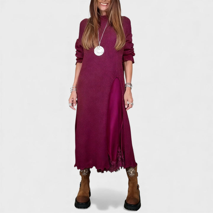 Conjunto feminino casual chic: pulôver de manga longa e vestido midi. Peças versáteis para moda com conforto.