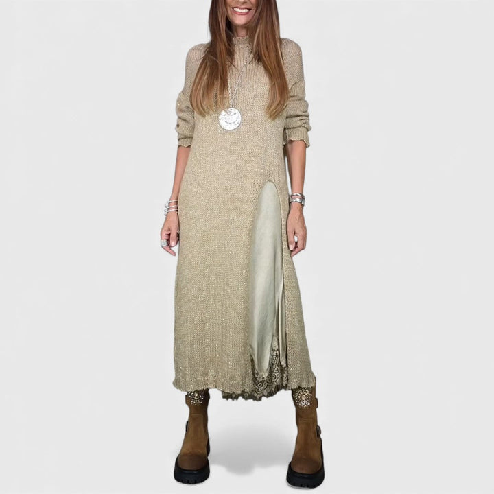 Look completo feminino elegante com pulôver e vestido. Conforto e estilo para o dia a dia ou eventos casuais.