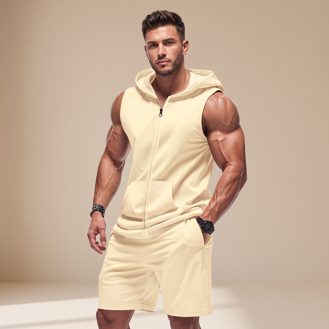 Conjunto masculino sem mangas com capuz casual para verão. Roupa descontraída e confortável para estilo moderno.