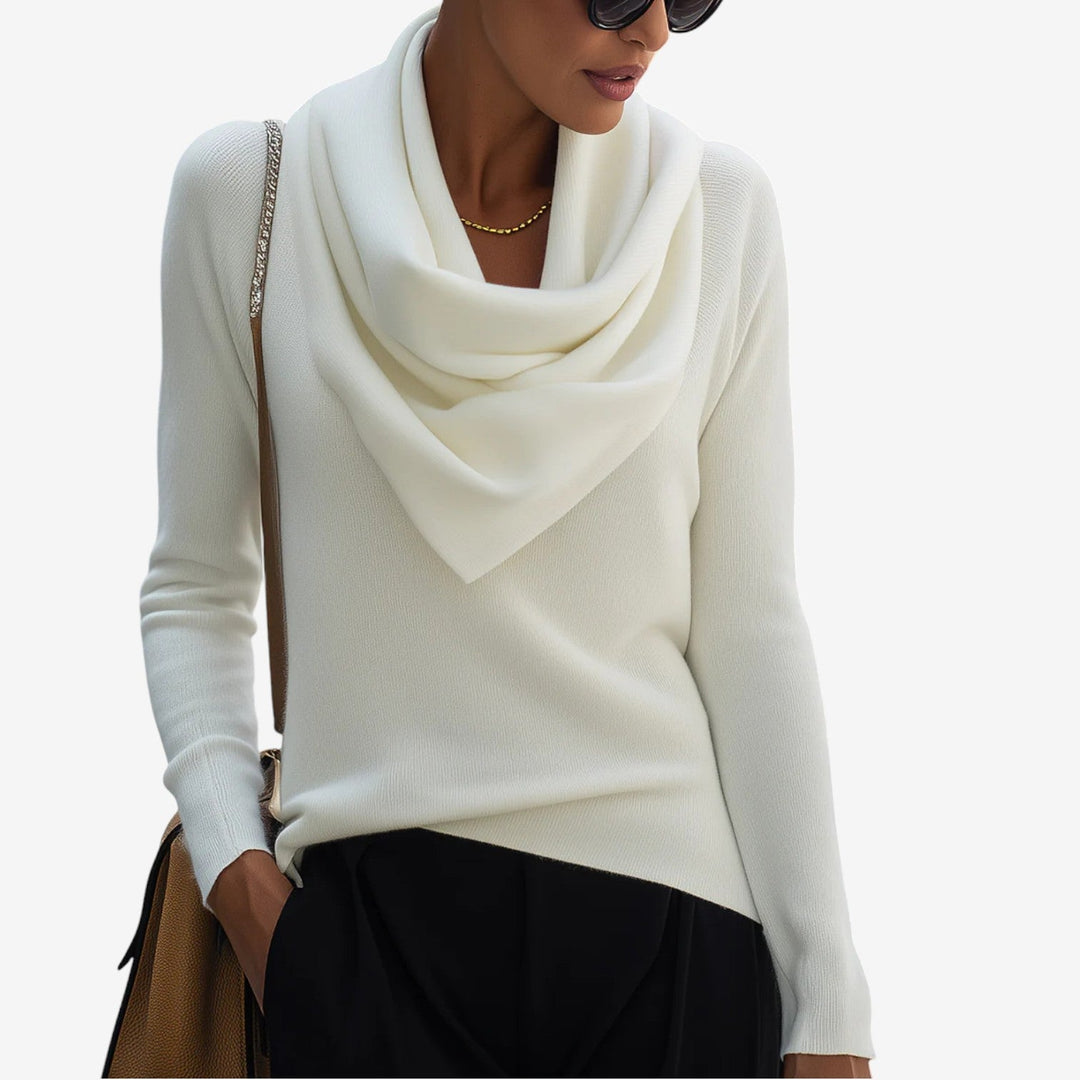 Pulôver feminino elegante com gola drapeada, ideal para o inverno. Conforto e estilo versátil para blusa casual.