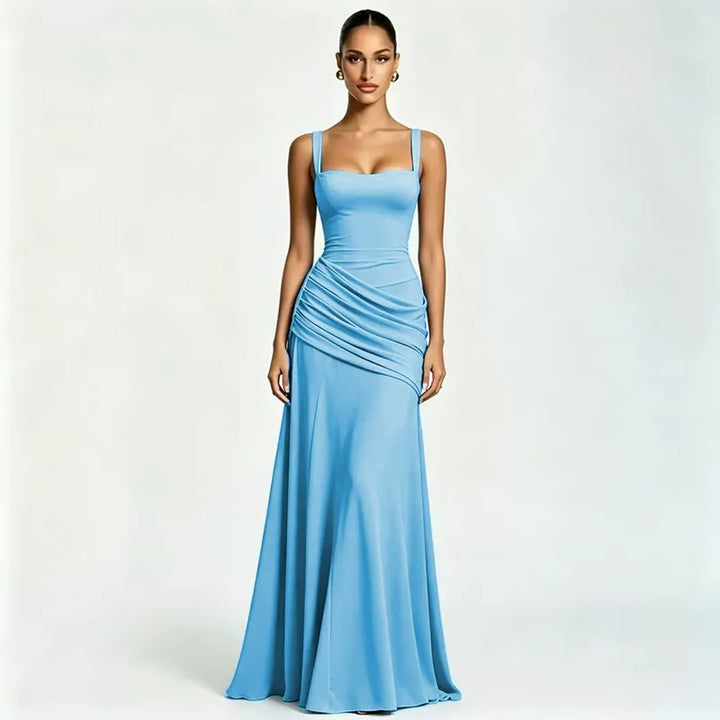 Vestido rosa, decote quadrado drapeado, feminino, estilo maxi, para ocasiões especiais.