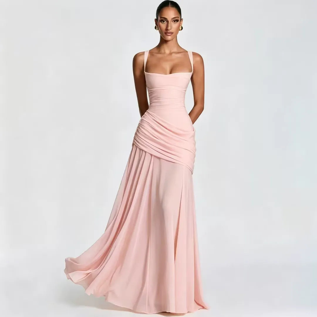 Vestido maxi amarelo, decote quadrado, drapeado, elegante para o verão, moda feminina.