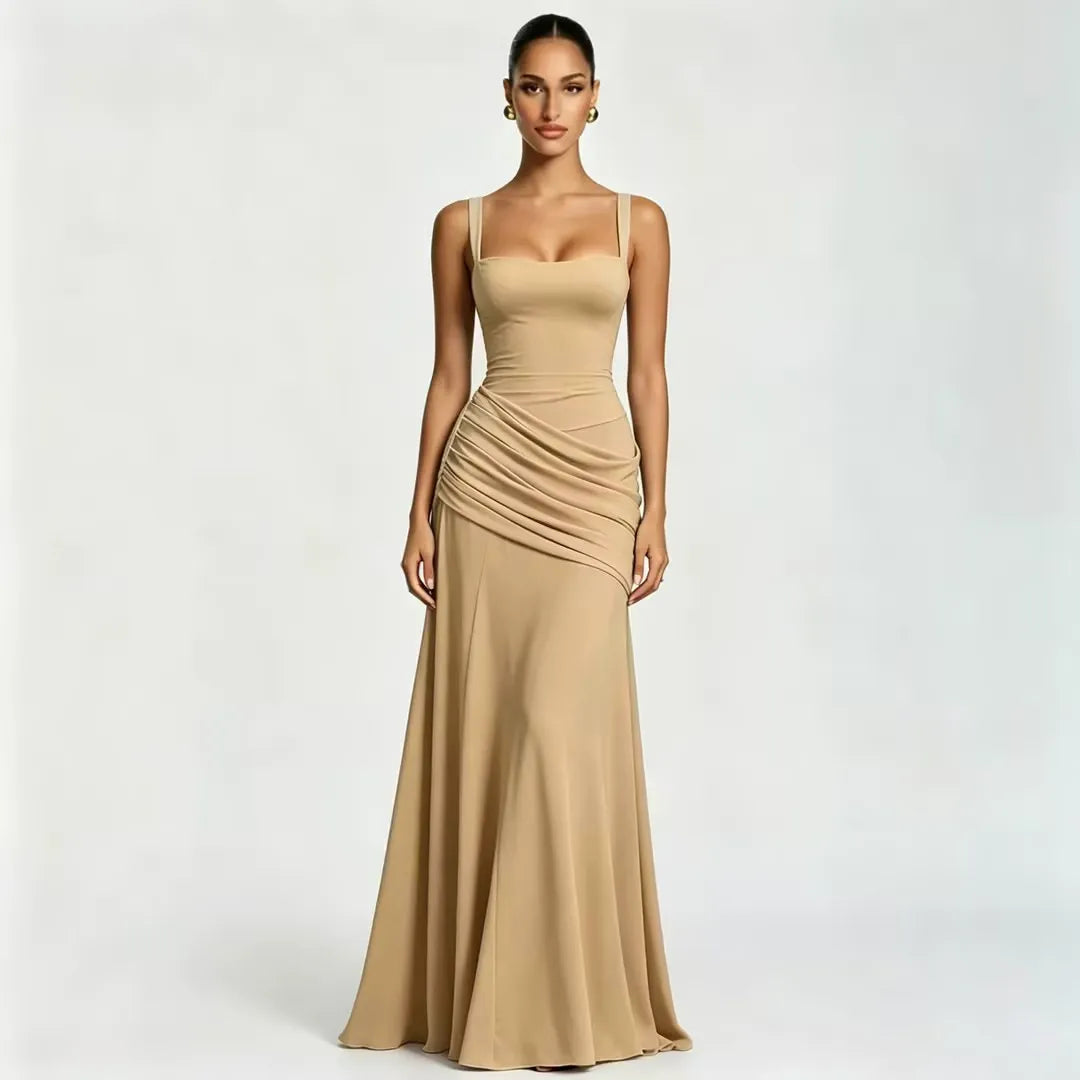 Vestido elegante maxi, feminino, decote quadrado drapeado, confortável e chique.