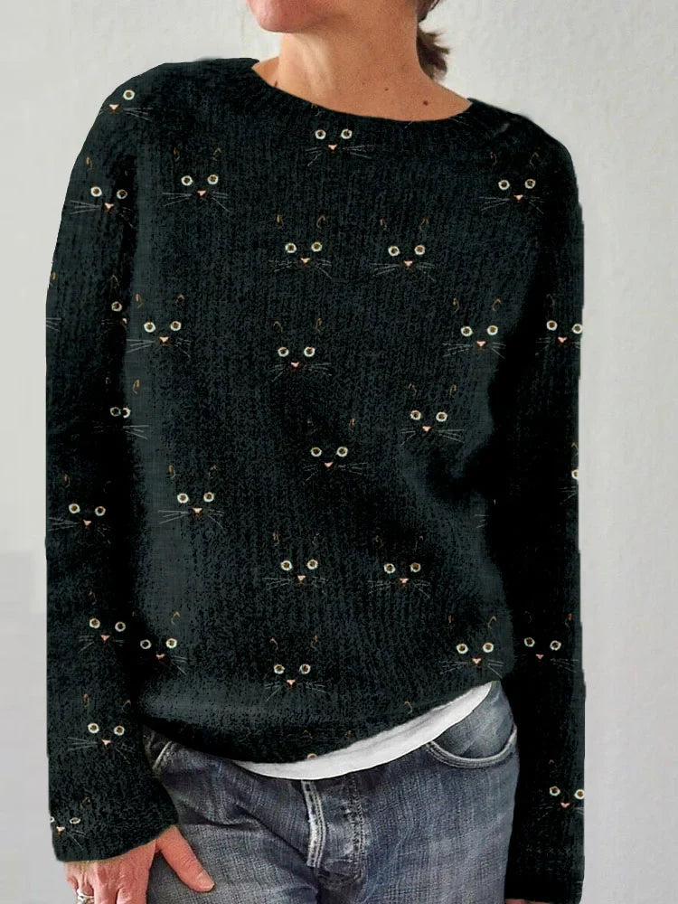 Moda feminina: camisola casual de gola redonda com estampa divertida de gato, ideal para conforto diário.