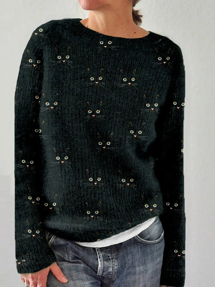 Moda feminina: camisola casual de gola redonda com estampa divertida de gato, ideal para conforto diário.