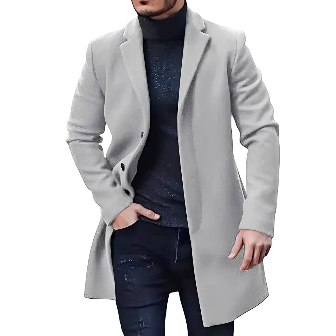 Jaqueta masculina elegante de comprimento médio. Perfeita para um estilo casual ou social.