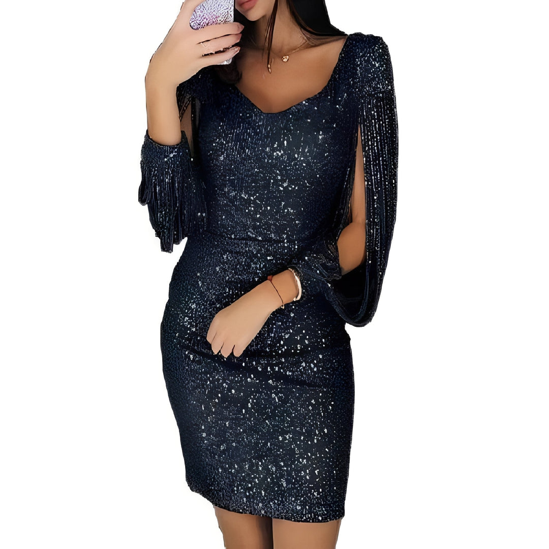 Vestido glamouroso feminino, com brilho e mangas longas, ideal para festas de outono/inverno.