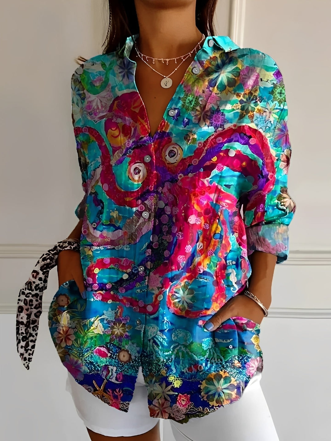Camisa feminina da moda para primavera/verão, manga longa com botões, super versátil e elegante.