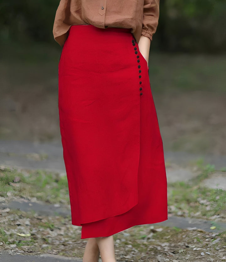 Saia feminina assimétrica em linha A, tecido fluido, ideal para um look elegante e confortável de verão.