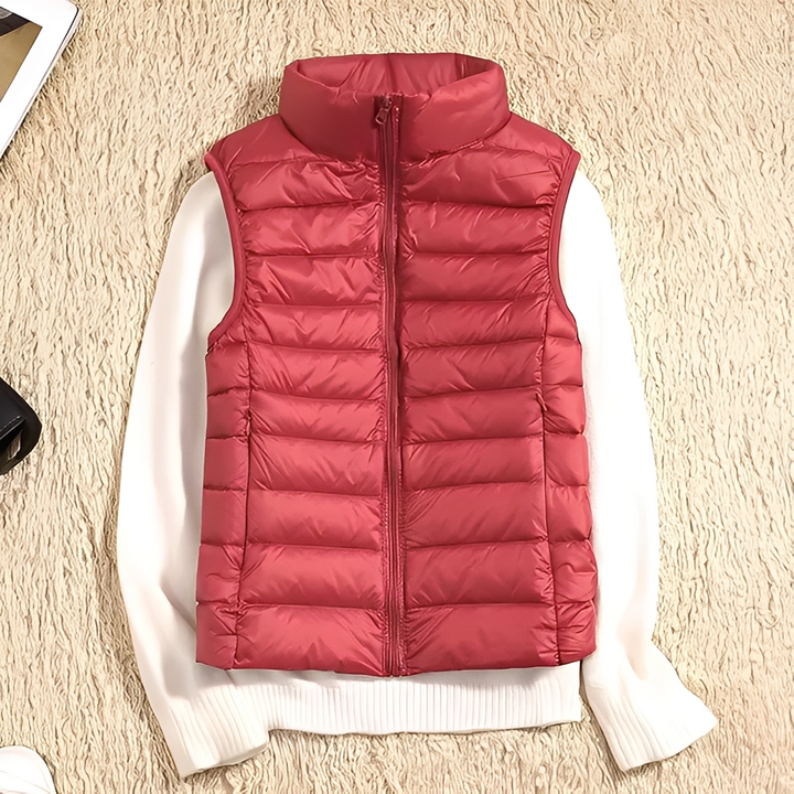 Colete feminino ultraleve elegante para outono/inverno, perfeito para camadas e conforto.
