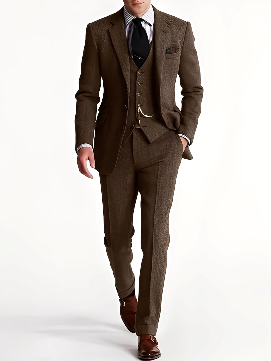 Punho do blazer de tweed masculino com botões. Detalhe de qualidade do terno clássico 3 peças atemporal.