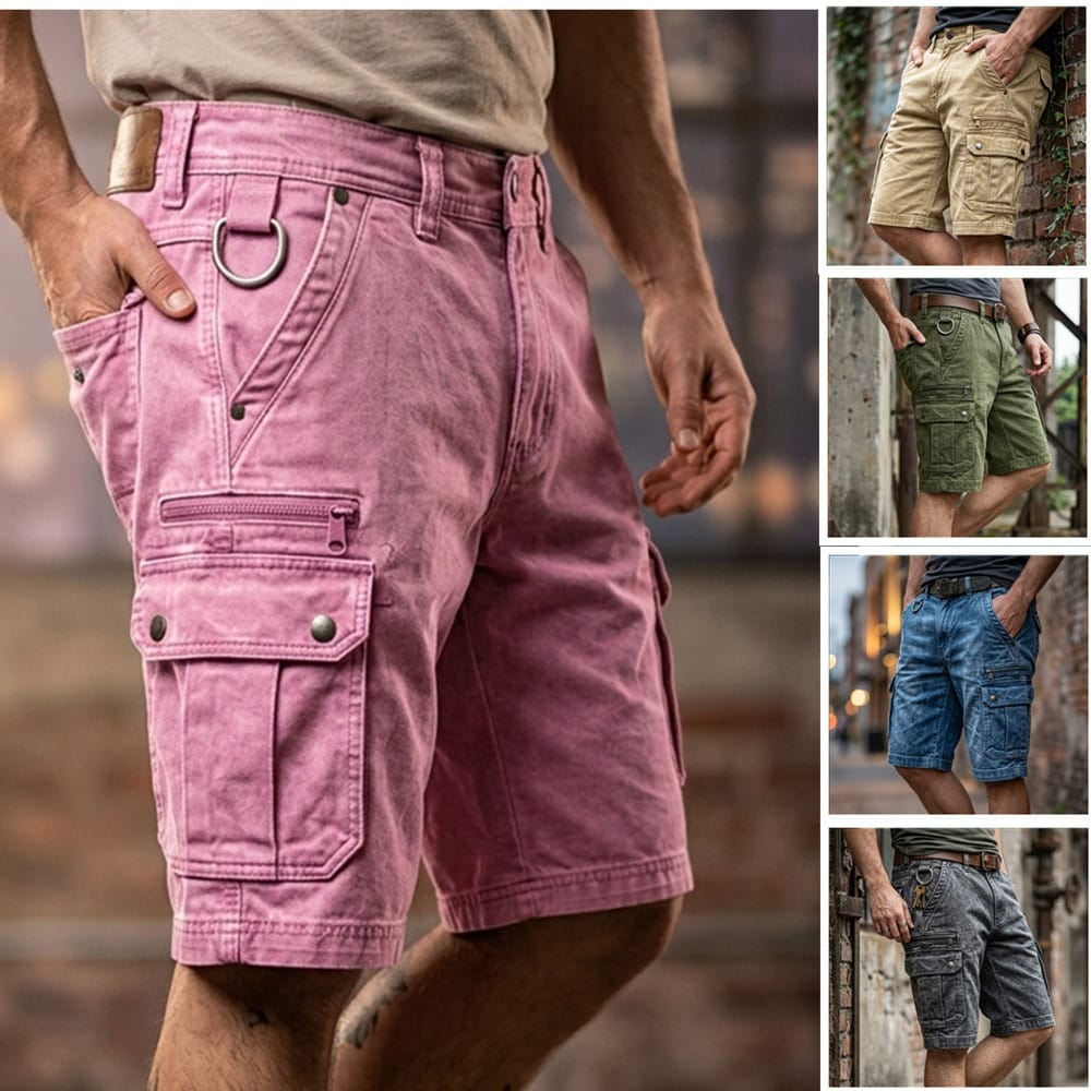 Calções cargo masculinos: design funcional com bolsos práticos. Ideal para verão e conforto diário.