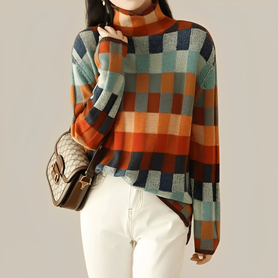 Camisola feminina elegante laranja com design patchwork. Perfeita para moda inverno e estilo casual chic.