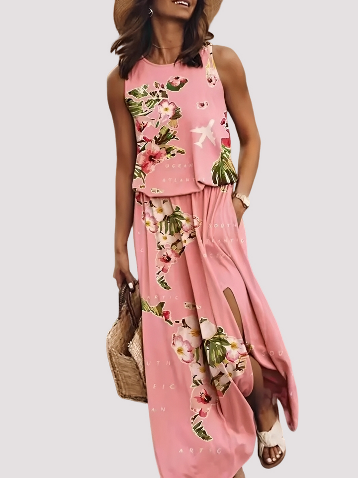 Vestido de verão feminino Halle longo, sem mangas, com design elegante e conforto. Perfeito para moda casual.