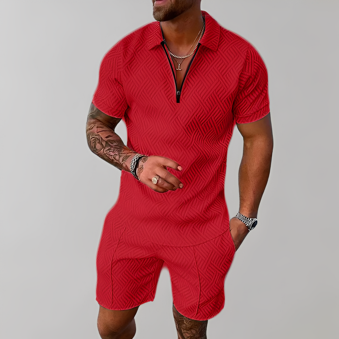 Conjunto masculino em preto, polo e shorts, para um verão casual elegante, moda homem com estilo moderno.